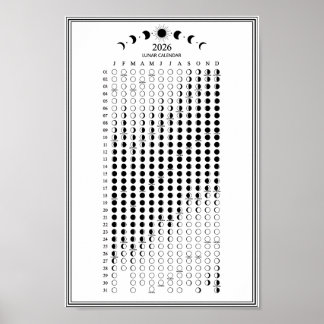 2026 Måne Phase Lunar Cycles Calendar Minimalist Poster
