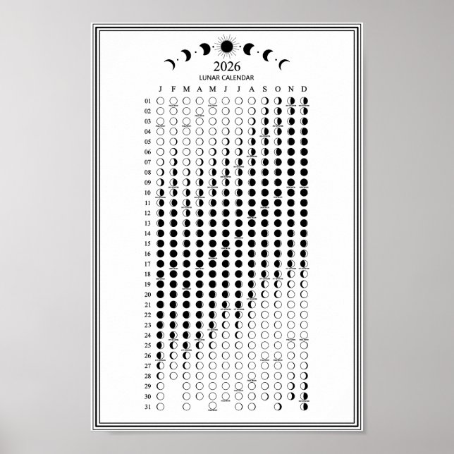2026 Måne Phase Lunar Cycles Calendar Minimalist Poster (Framsidan)