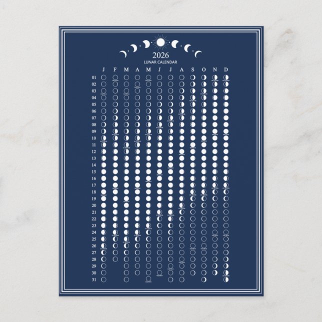 2026 Måne Phase Lunar Cycles Calendar Minimalist Vykort (Framsida)