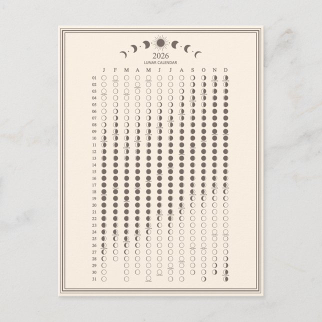 2026 Måne Phase Lunar Cycles Calendar Minimalist Vykort (Framsida)