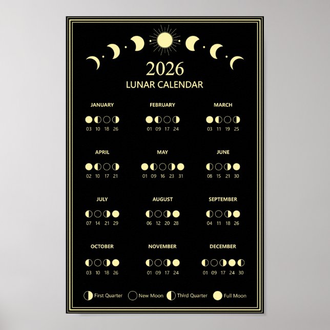 2026 Månfas Kalender Lunar Cykler Minimalistisk Poster (Framsidan)