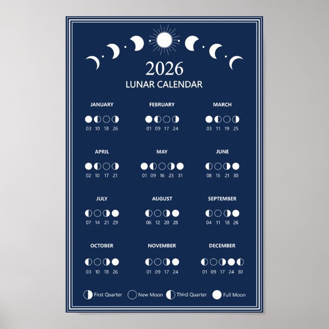 2026 Månfas Kalender Lunar Cykler Minimalistisk Poster (Framsidan)