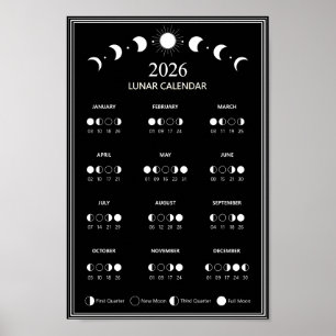 2026 Månfas Kalender Lunar Cykler Minimalistisk Poster