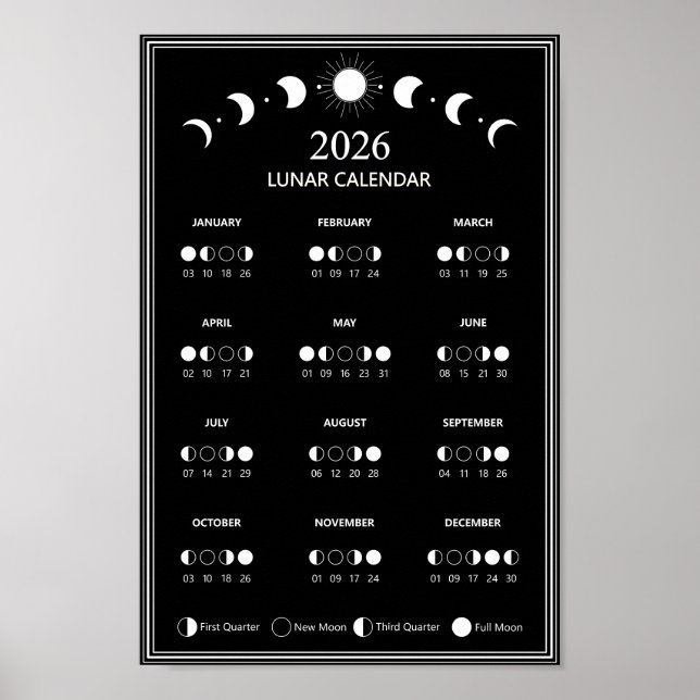 2026 Månfas Kalender Lunar Cykler Minimalistisk Poster (Framsidan)