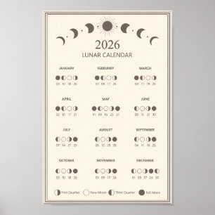 2026 Månfas Kalender Lunar Cykler Minimalistisk Poster