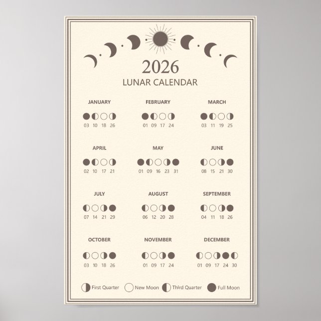 2026 Månfas Kalender Lunar Cykler Minimalistisk Poster (Framsidan)