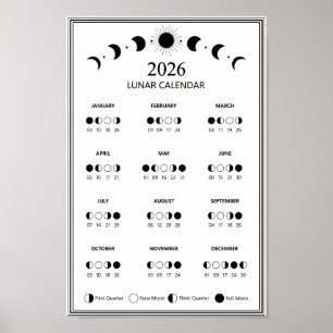 2026 Månfas Kalender Lunar Cykler Minimalistisk Poster