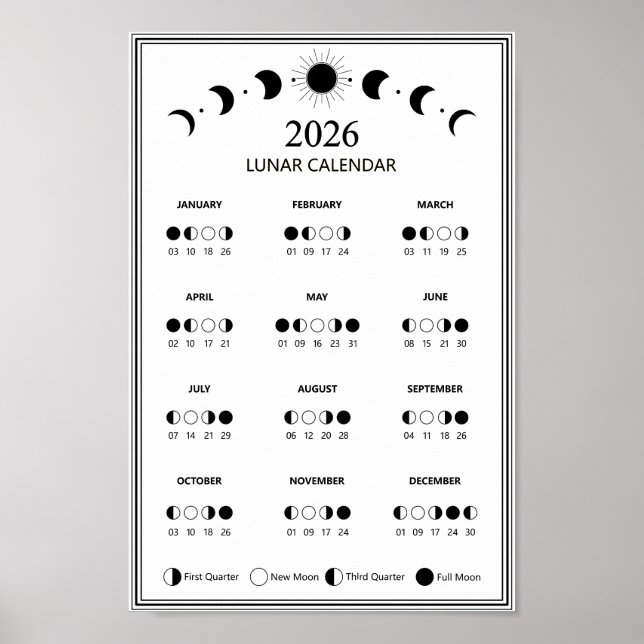 2026 Månfas Kalender Lunar Cykler Minimalistisk Poster (Framsidan)