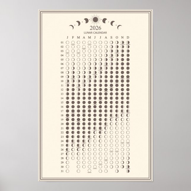 2026 Månfas Lunar Cycles Kalender Minimalist Poster (Framsidan)