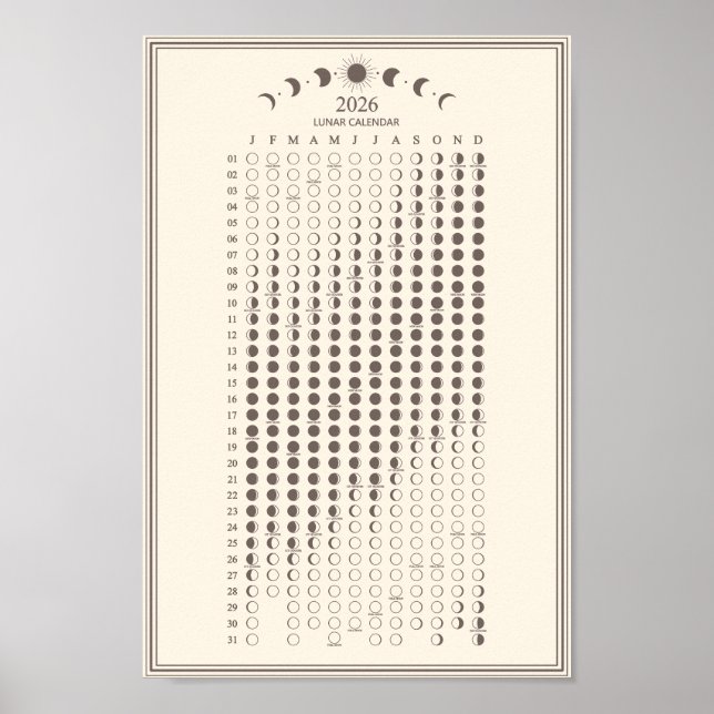 2026 Månfas Lunar Cycles Kalender Minimalist Poster (Framsidan)