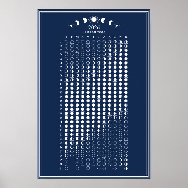 2026 Månfas Lunar Cycles Kalender Minimalist Poster (Framsidan)