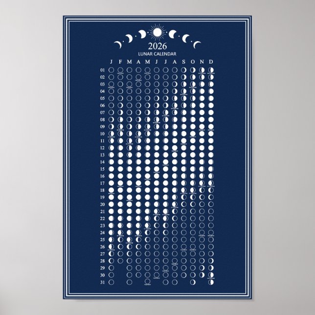 2026 Månfas Lunar Cycles Kalender Minimalist Poster (Framsidan)