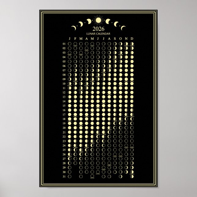 2026 Månfas Lunar Cycles Kalender Minimalist Poster (Framsidan)