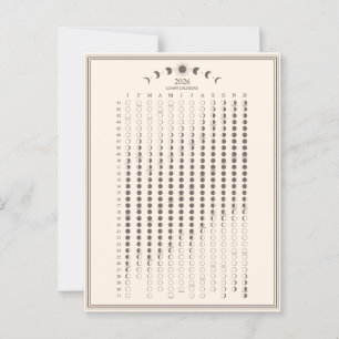 2026 Månfas Lunar Cycles Kalender Minimalist Vykort
