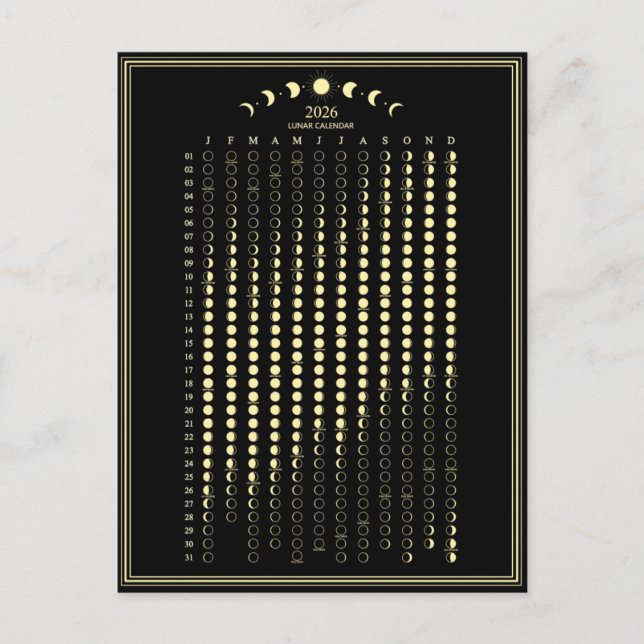 2026 Månfas Lunar Cycles Kalender Minimalist Vykort (Framsida)