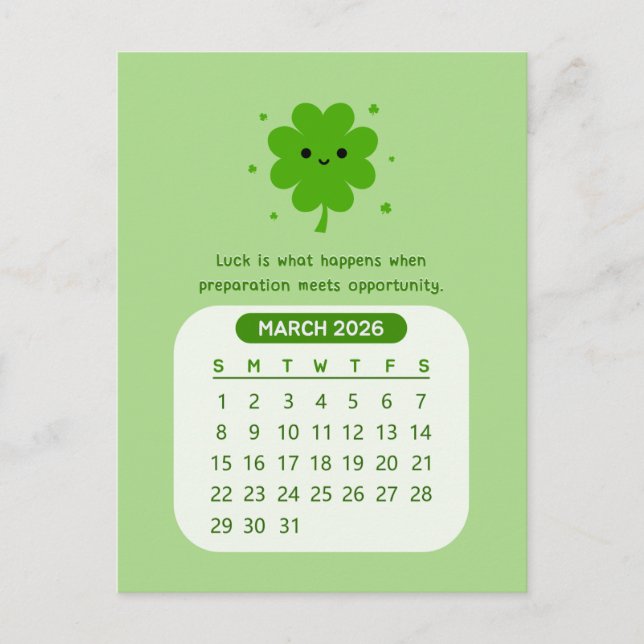 2026 Mars månatlig Kawaii Motivational Calendar Vykort (Framsida)