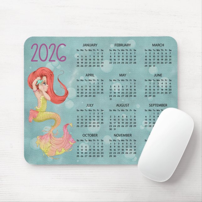 2026 Mermaid Desk Calendar Mouse Pad Musmatta (Med mus)