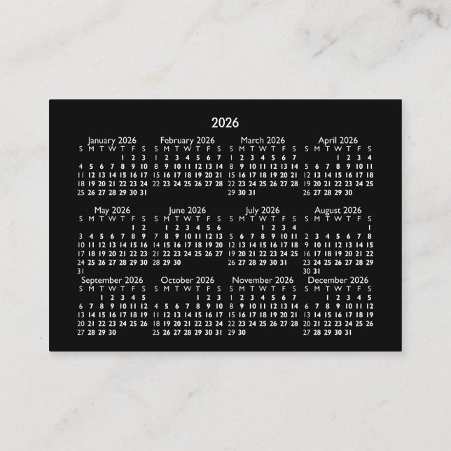 2026 Mini POCKET-kalender SÖNDAGSSTART SVART Visitkort (Baksida)