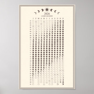 2026 Moon Phase Lunar Cycles Calendar Minimalist Poster
