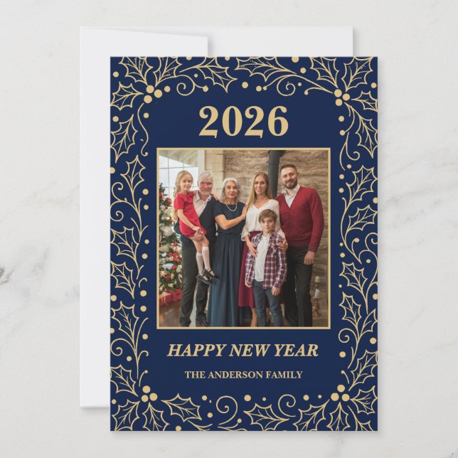 2026 Navy & Antique-Gold Family New Year Photo Julkort (Framsida)