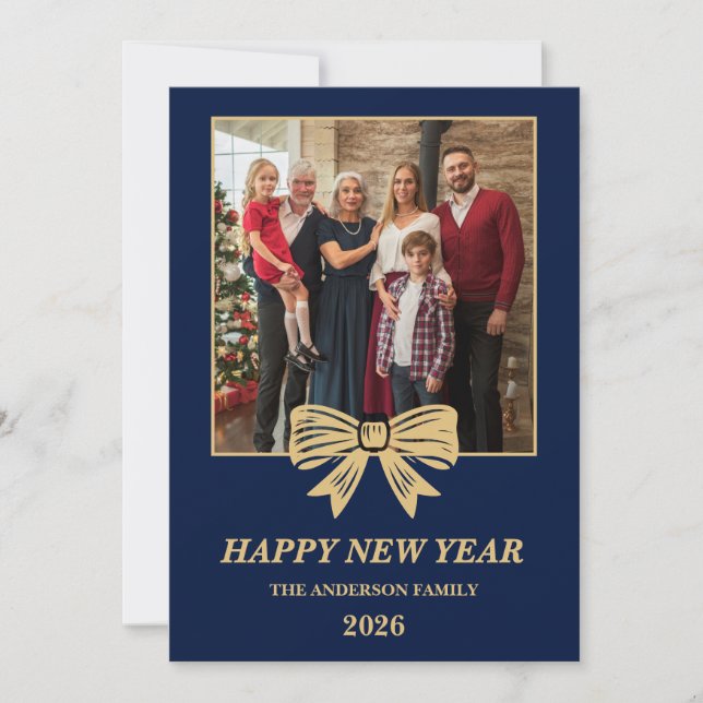 2026 Navy & Gold Bow Family New Year Photo Julkort (Framsida)