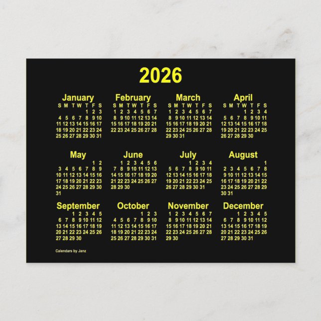 2026 Neon Gul Mini Kalender av Janz Vykort (Framsida)