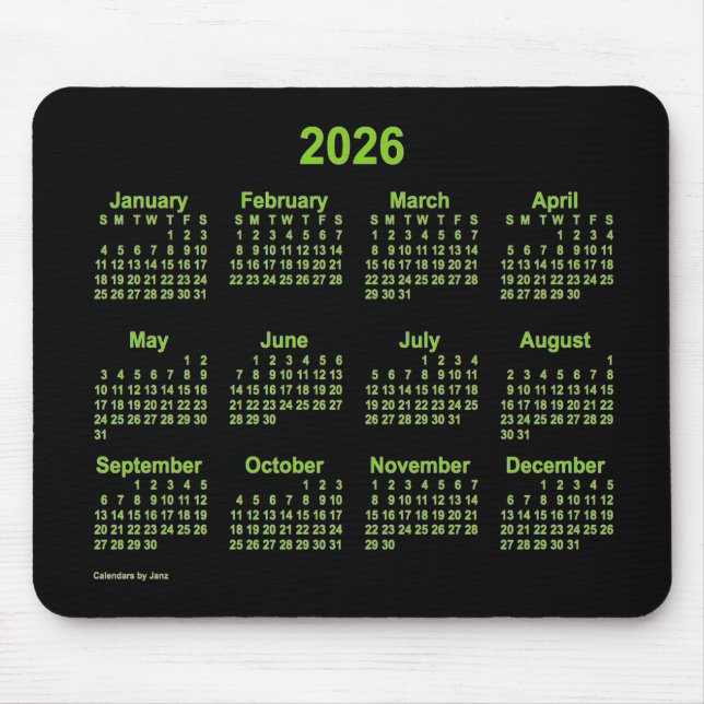 2026 Neon Gult Grönt Calendar från Janz Musmatta (Framsidan)