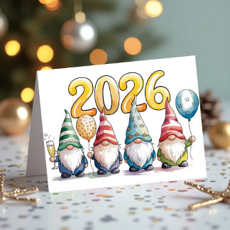 2026 New Year Cute Gnomes Celebration Party Helgkort