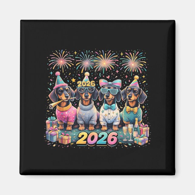 2026 New Year Dachshund Party Fireworks Fun  Magnet (Framsidan)