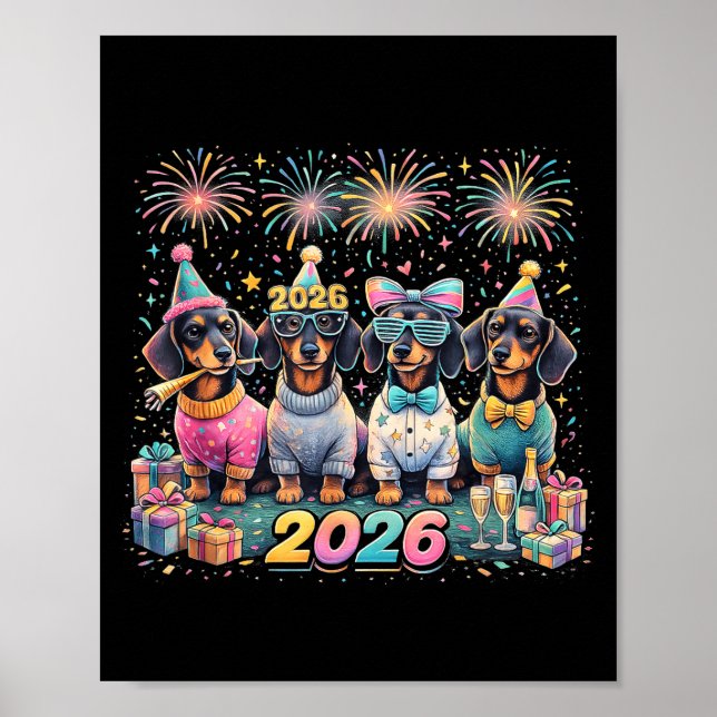 2026 New Year Dachshund Party Fireworks Fun  Poster (Framsidan)