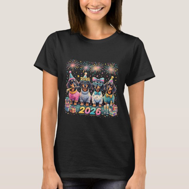 2026 New Year Dachshund Party Fireworks Fun  T Shirt (Framsida)