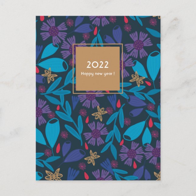 2026 nyår elegant blå chic blommig vykort (Framsida)