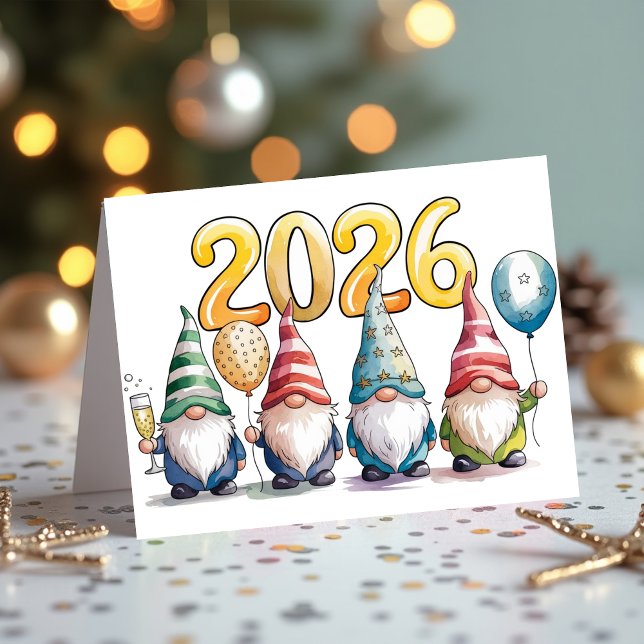 2026 Nyår Söta Tomtegubbar Firande Fest Helgkort (2026 New Year Cute Gnomes Celebration Party Holiday Card)