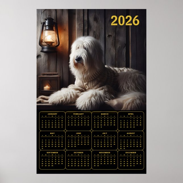 2026 Old English Sheepdog Kalender Poster (Framsidan)