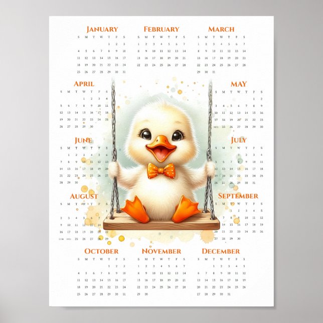 2026 One-Page Calendar Cute Duckling on Swing Poster (Framsidan)