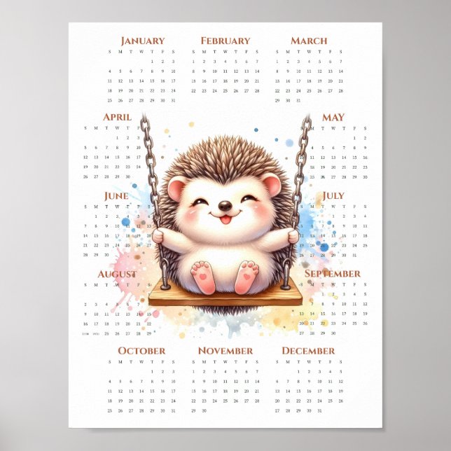 2026 One-Page Calendar Cute Hedgehog on Swing Poster (Framsidan)