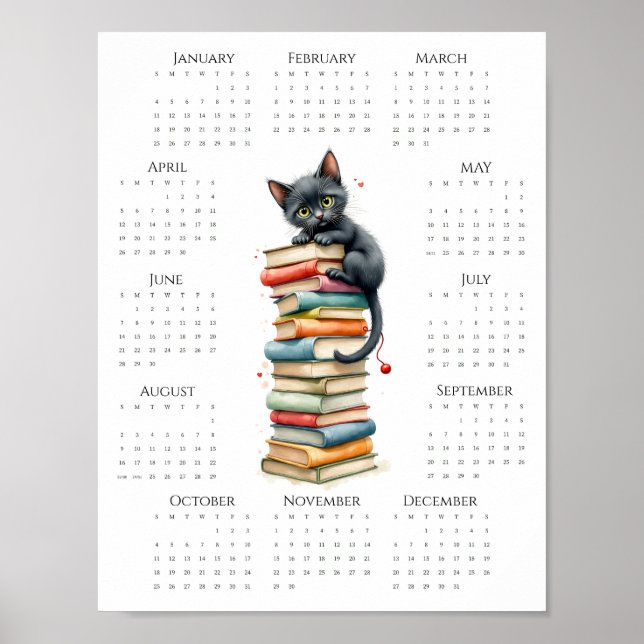 2026 One-Page Calendar with Black Cat and Books Poster (Framsidan)