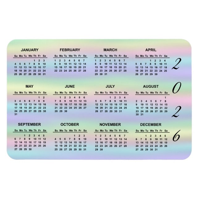 2026 Pastel Rainbow Holophy Calendar Magnet (Horisontell)