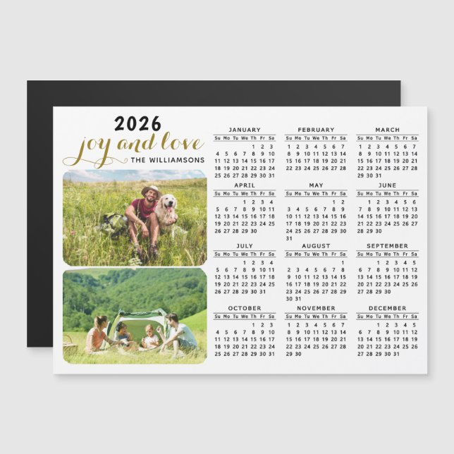 2026 Photo Calendar Magnet Family Namn White Black (Fram/baksida)