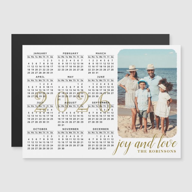 2026 Photo Calendar Magnet Modern Black White Guld (Fram/baksida)