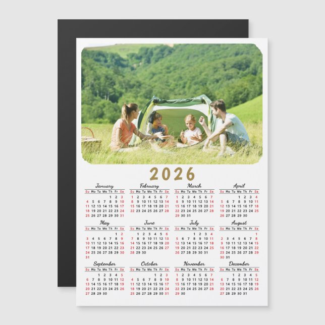 2026 Photo Calendar Magnet Modern Red Black White (Fram/baksida)