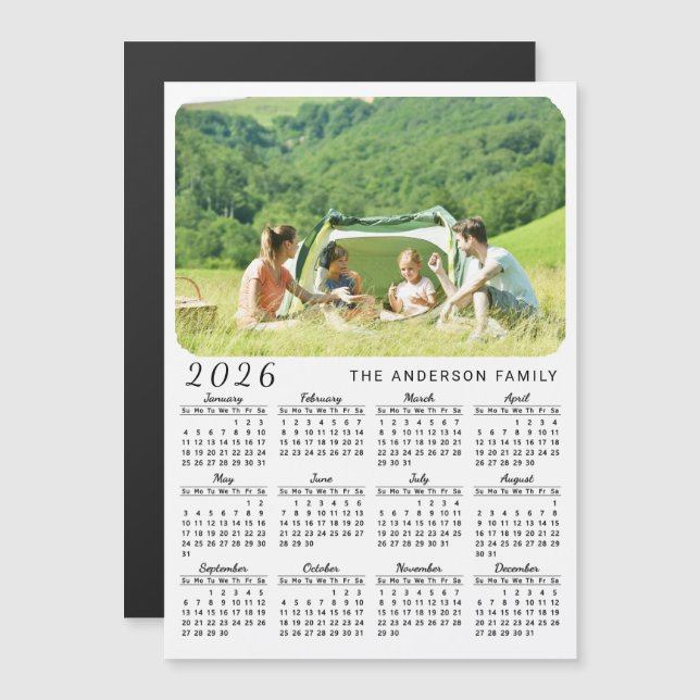 2026 Photo Calendar Magnet your Name White Black (Fram/baksida)