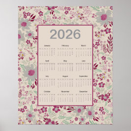 2026 Pink Gray Floral Pattern Calendar Poster