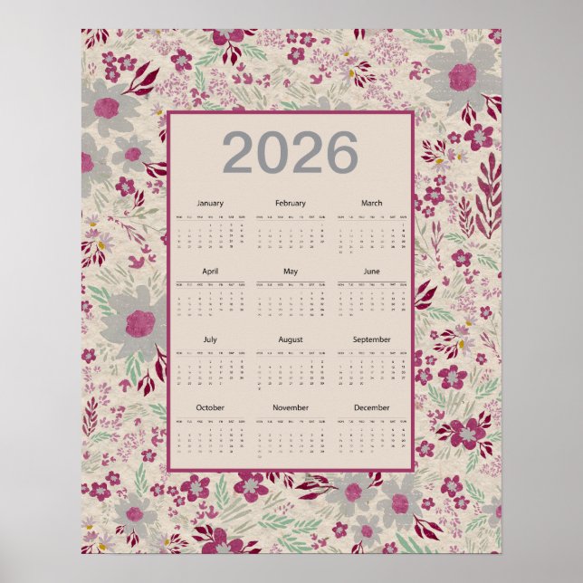2026 Pink Gray Floral Pattern Calendar Poster (Framsidan)