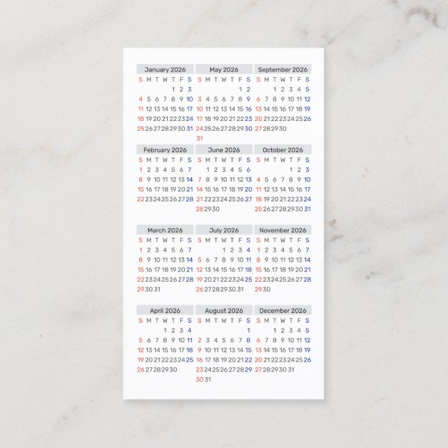 2026 Plånbok Storlek Kalender SÖNDAG Start Affärs  Visitkort (Baksida)