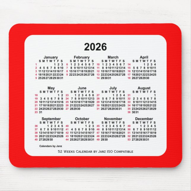 2026 Red 52 Weeks ISO Calendar av Janz Two Tone Musmatta (Framsidan)
