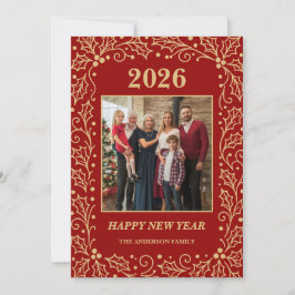 2026 Red & Antique-Gold Family New Year Photo Julkort