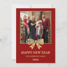 2026 Red & Gold Bow Family New Year Photo Julkort