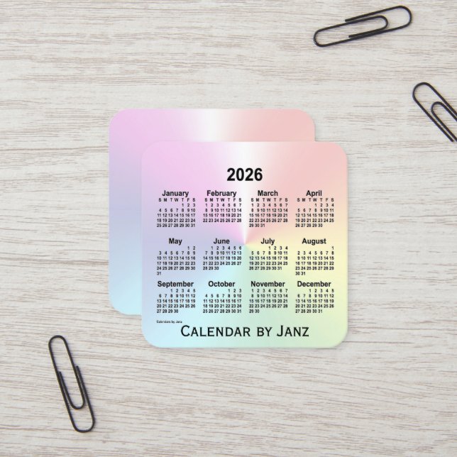 2026 Regnbåge Shimmer Calendar av Janz Fyrkantigt Visitkort (Fram/Back In Situ)