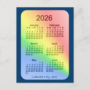 2026 Regnbågsblått 6 månaders Mini-kalender från J Vykort